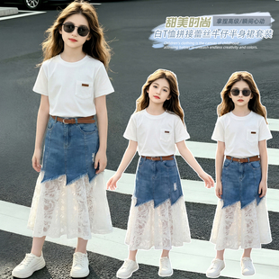 2026新款夏季女童半身裙套装洋气超好看中大童短袖牛仔裙子两件套