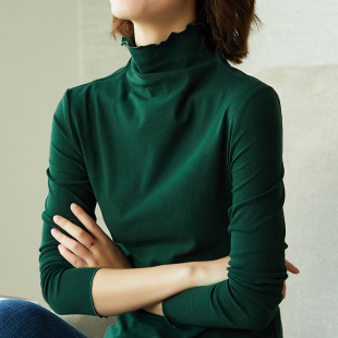 长袖 大码 内搭绿色洋气保暖上衣堆堆领黑t恤 女春季 高领打底衫