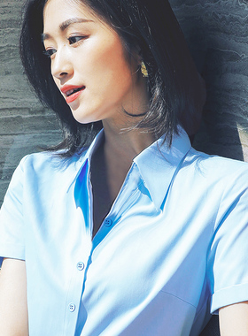 雀后蓝色衬衫女短袖职业2023夏季新款V领工装上衣工作服抗皱衬衣