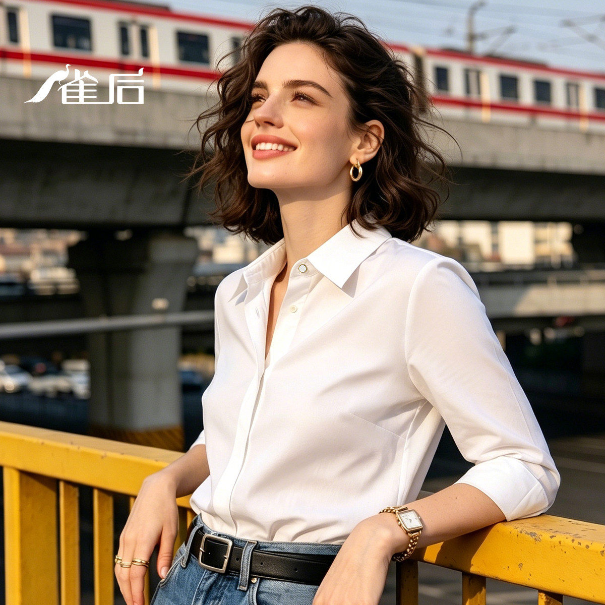 雀后白色衬衫女七分袖职业气质正装工装上衣OL工作服抗皱中袖衬衣