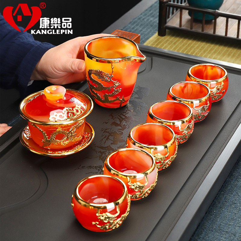 康乐品金镶玉24k金盖碗瓷茶杯