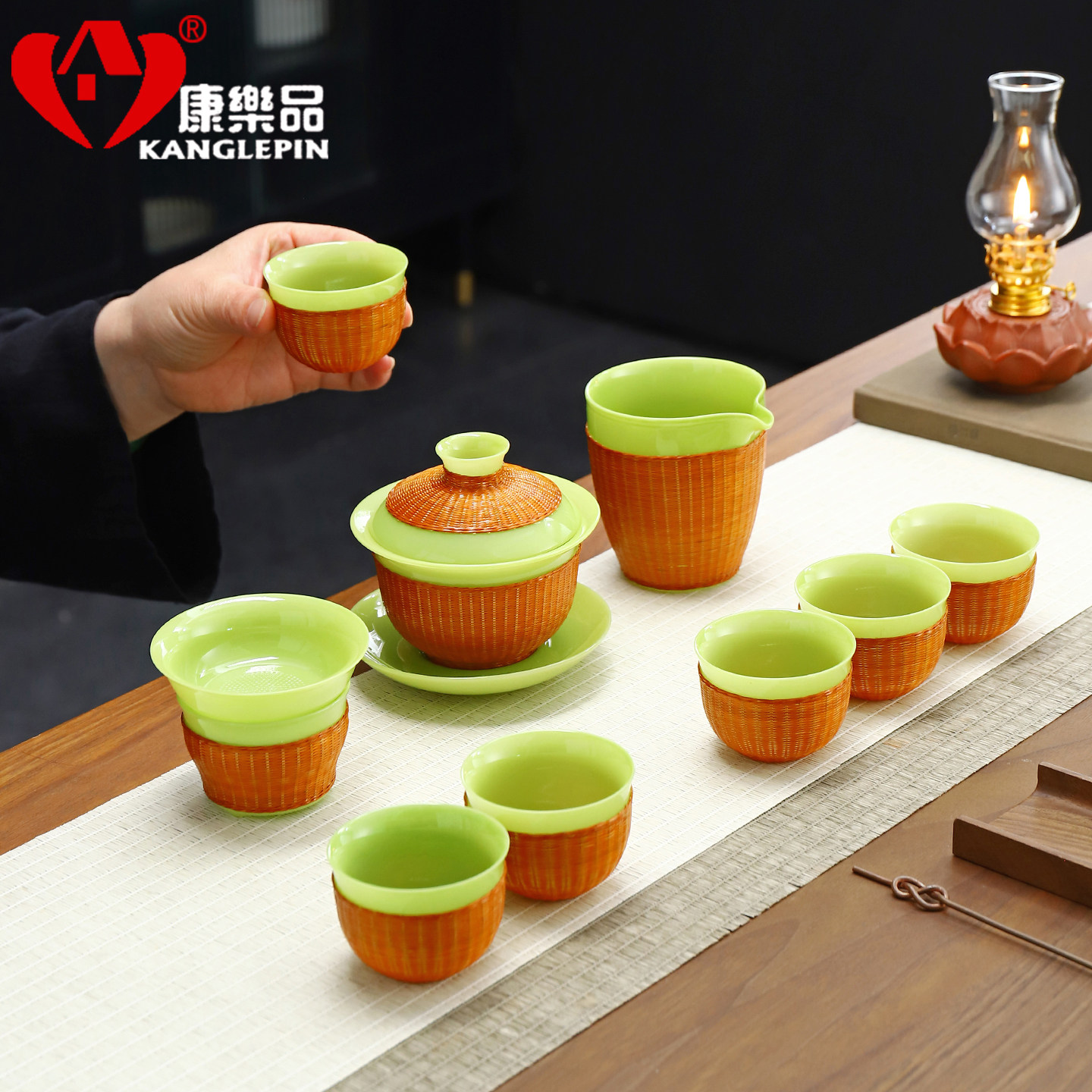 年轻人高端茶具手工非遗四川竹编功夫茶具套装竹丝扣瓷胎盖碗茶杯