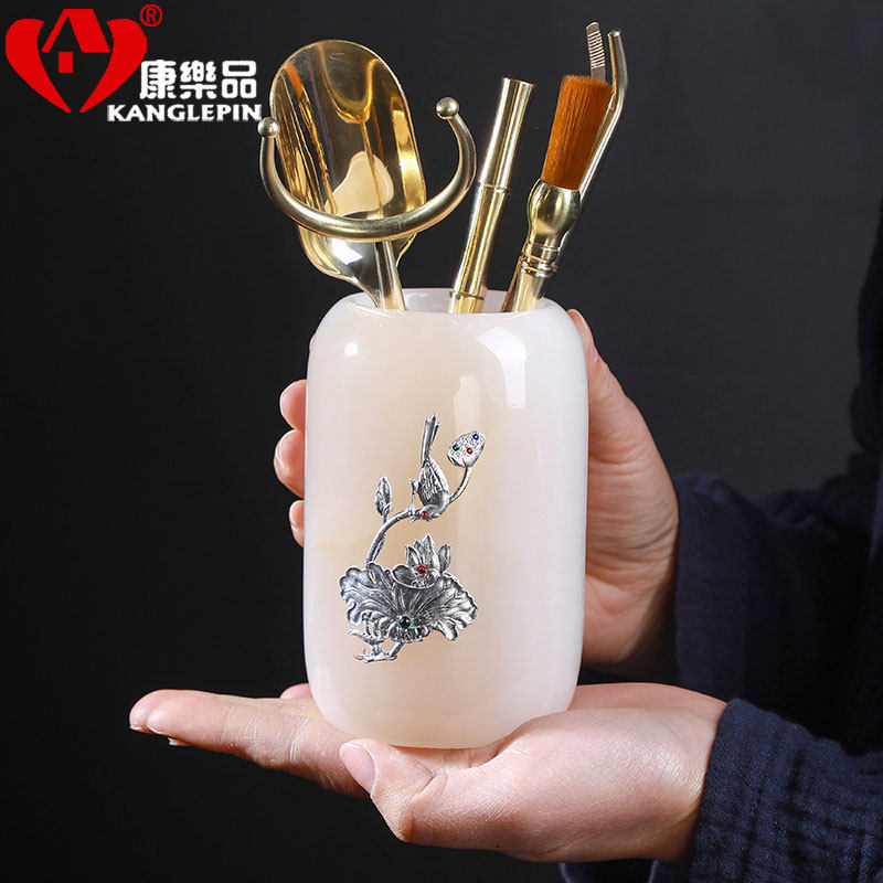 康乐品琉璃玉瓷茶道六君子镶银功夫茶具纯铜配件茶杯茶夹茶勺茶针