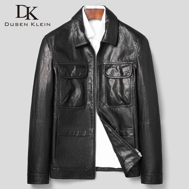 海宁山羊皮翻领短款机车修身油蜡