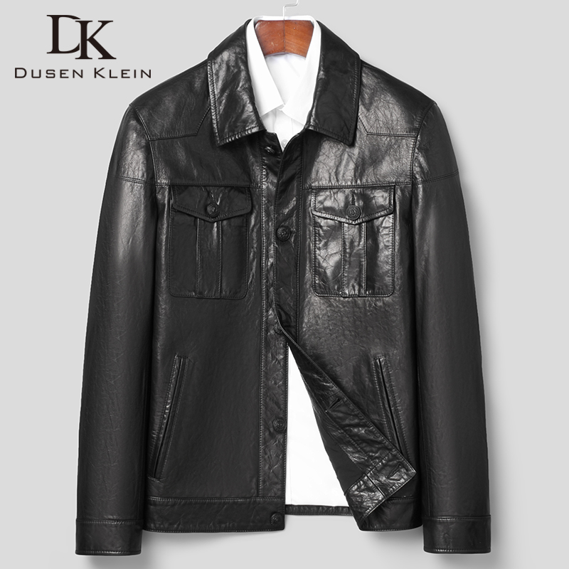 海宁翻领机车薄款修身真皮皮衣