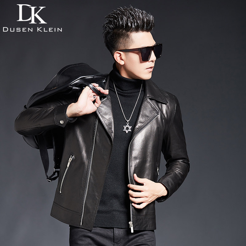 男机车翻领短款夹克休闲真皮皮衣