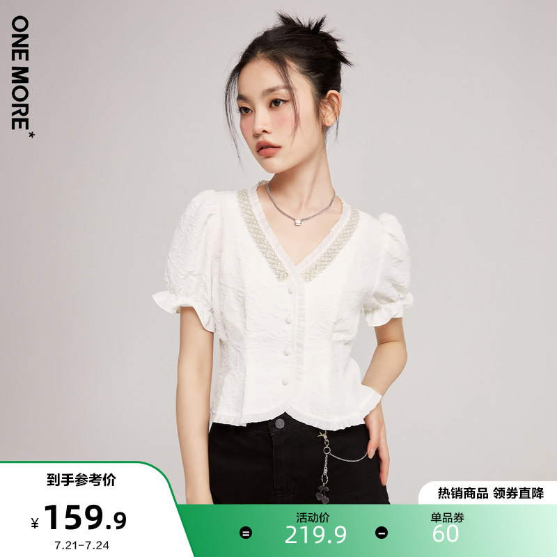 ONEMORE2022夏季新款短袖蕾丝衫短款上衣女甜美V领白色雪纺泡泡袖