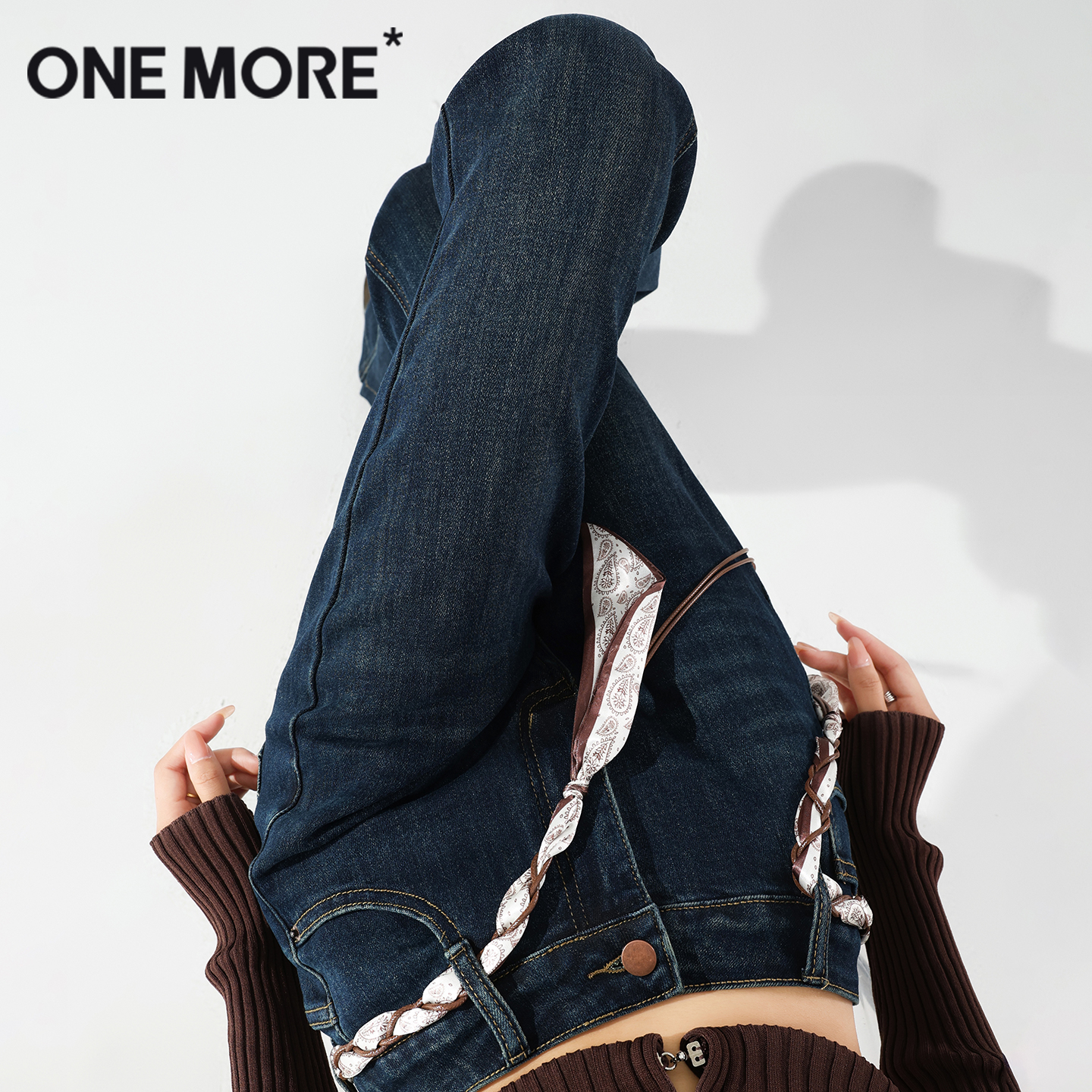 onemore编织丝带微喇牛仔裤