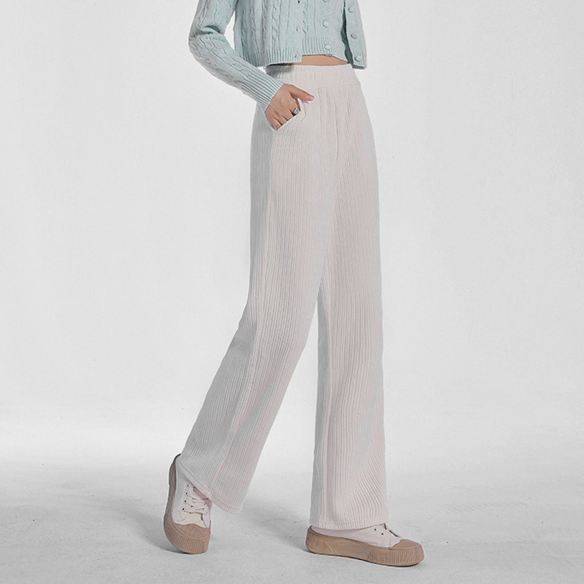 one more白色雪尼尔阔腿裤女秋季2025新款韩版简约通勤窄