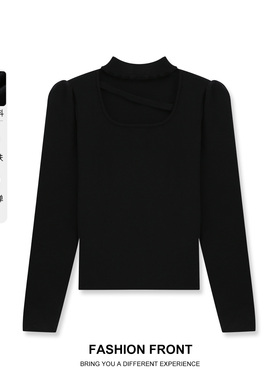 one more韩版设计感镂空高领长袖针织衫女2025冬修身显瘦黑色上衣