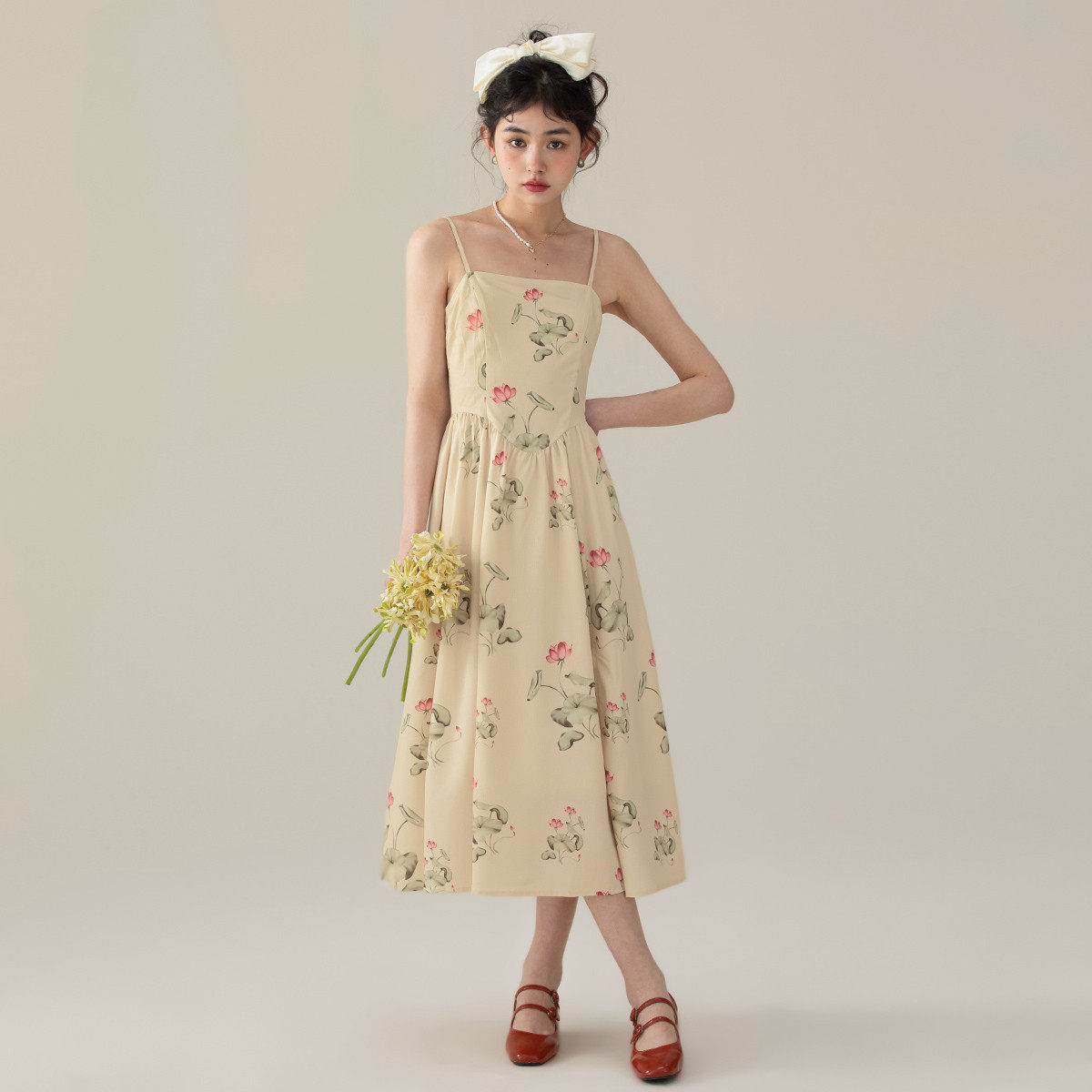 one more新中式荷花小清新开叉吊带连衣裙显瘦百搭a字碎花仙