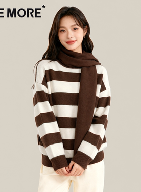 one more针织衫女冬季咖色条纹围脖毛衣2025新款巨好看韩系上衣Y
