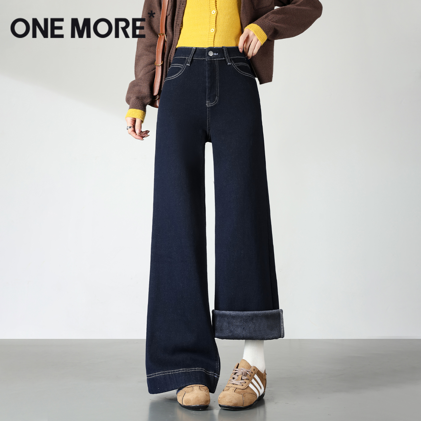 onemore加绒直筒牛仔裤