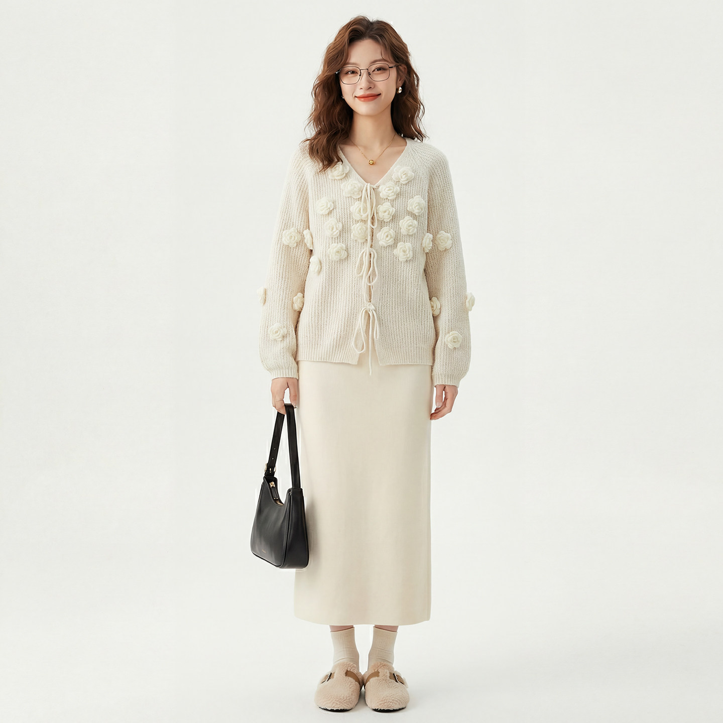 one more法式甜美风立体花朵V领绑带针织开衫女减龄软糯毛衣