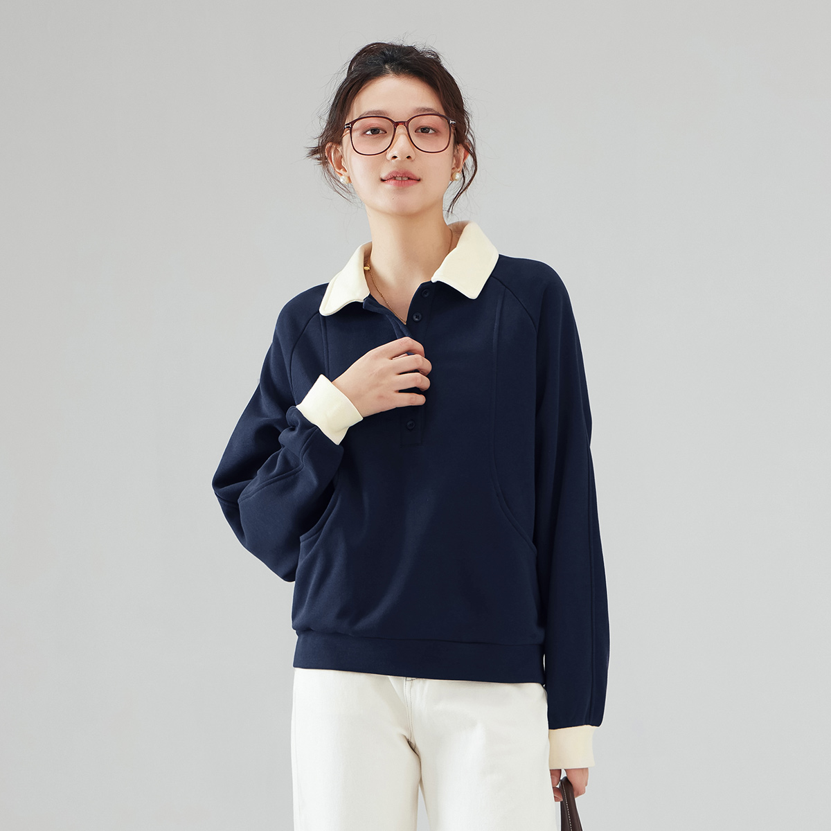 撞色翻领polo领卫衣女宽松休闲