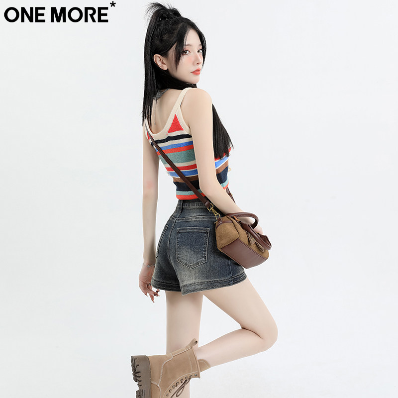 One More潮流时尚复古牛仔短裤女夏季新款高腰弹力显瘦a字热