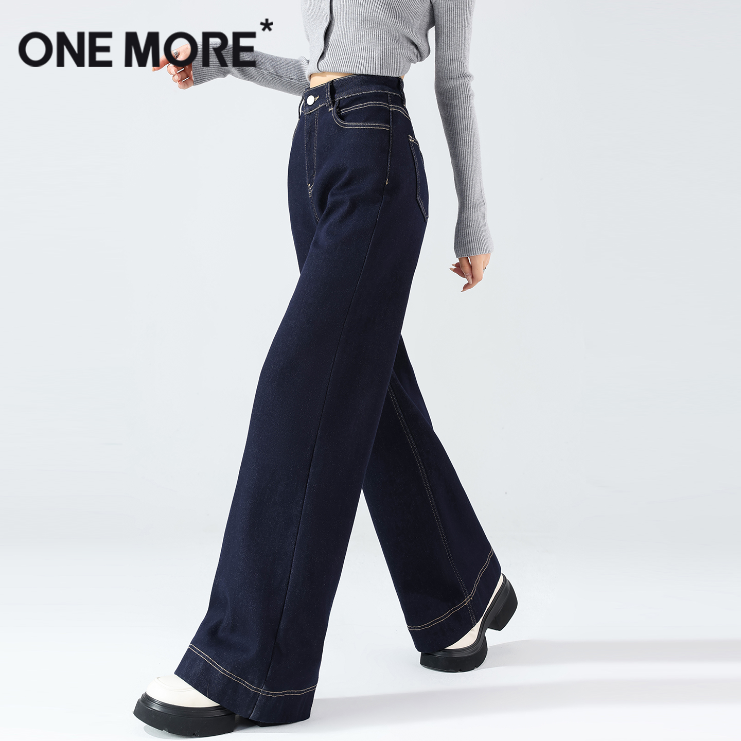 onemore加绒直筒牛仔裤