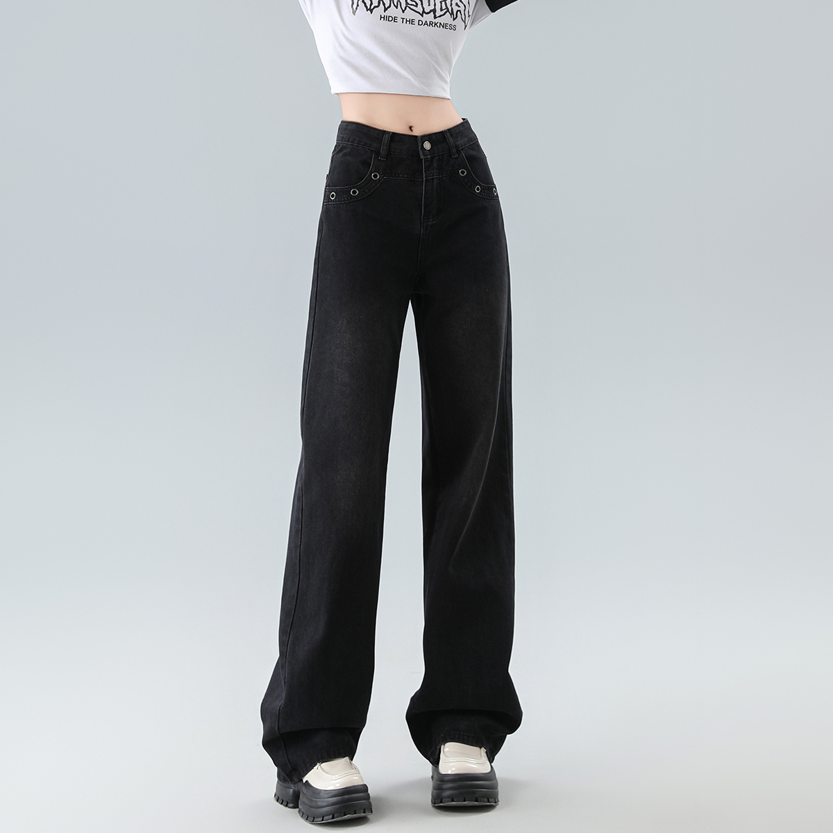 美式复古高腰onemore长款阔腿裤