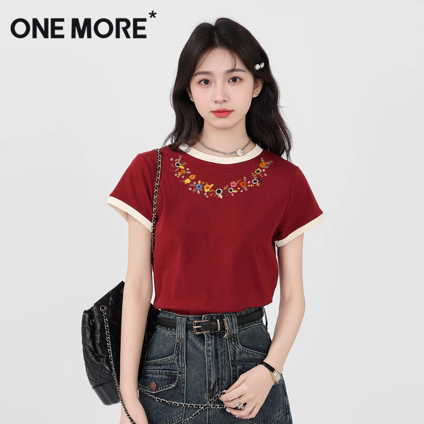 onemore纯棉撞色t恤女