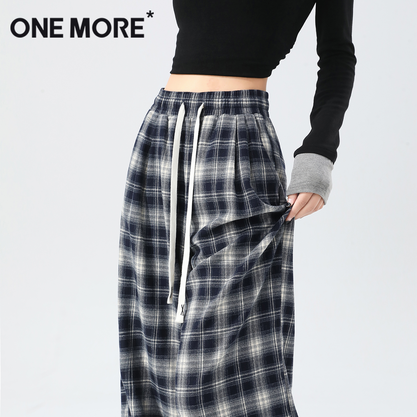 onemore格纹宽松阔腿裤