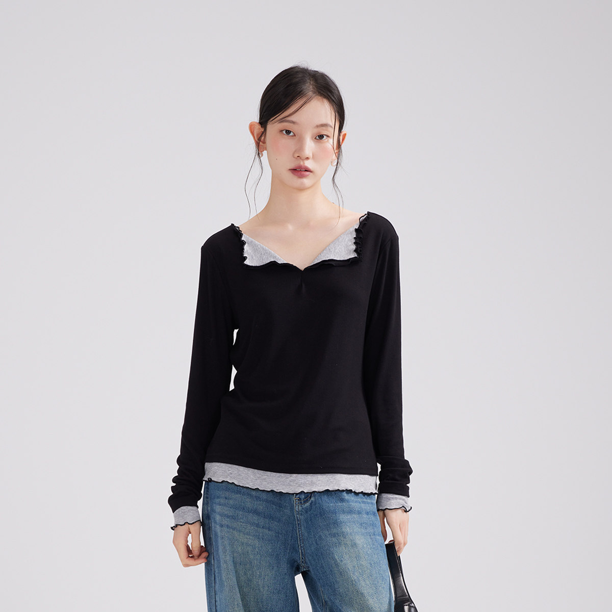 长袖撞色翻领t恤女2025春秋