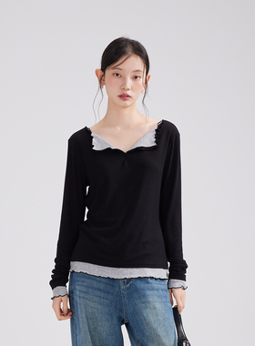 one more长袖撞色翻领t恤女2025秋冬高级感打底衫设计感内搭上衣