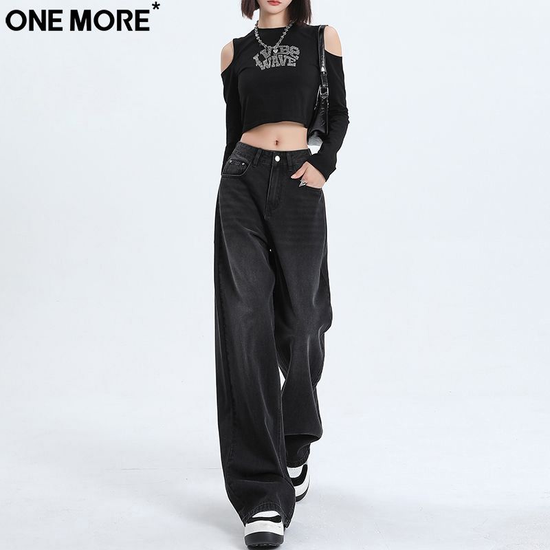 One More美式高街黑色阔腿牛仔裤女夏季薄款宽松拖地垂感直筒裤女