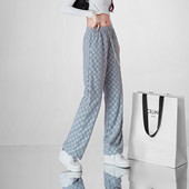 休闲裤 one 女士夏2025新款 高腰垂感拖地长裤 more棋盘格窄版 阔腿裤
