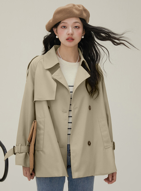 one more文墨秋季新款薄款风衣外套女小个子短款英伦风大衣高级感