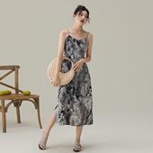 新款 one more气质水墨连衣裙女2025夏季 高级感收腰显瘦a字吊带裙