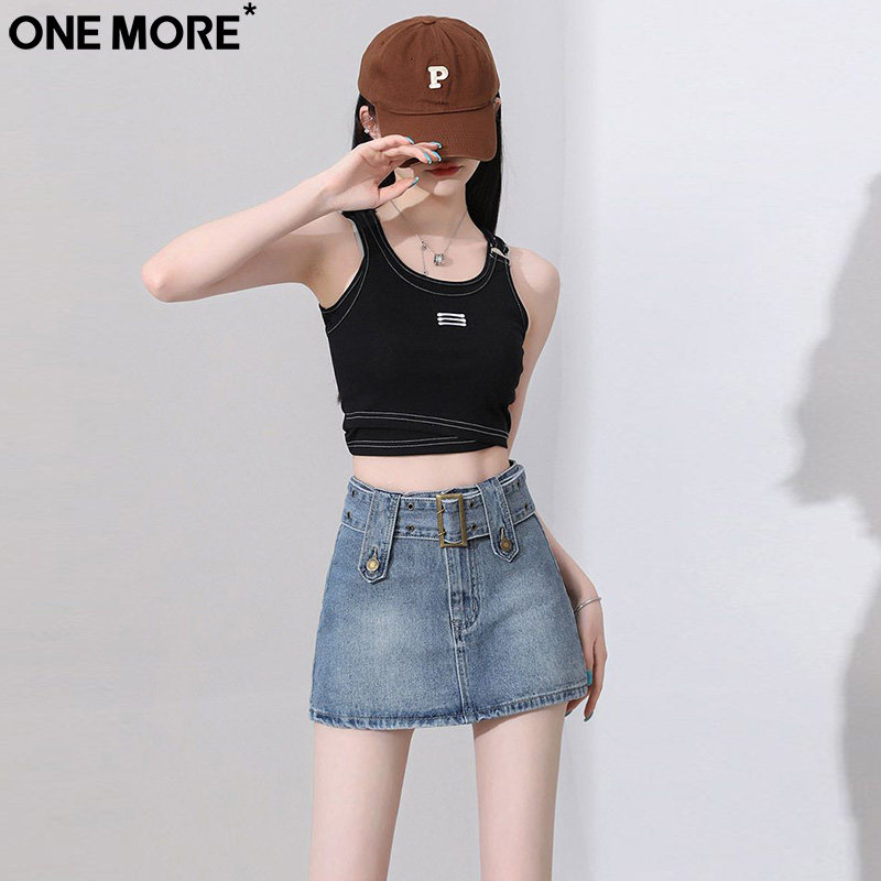 One More辣妹防走光复古牛仔短裙女夏季高腰短款包臀a字半身