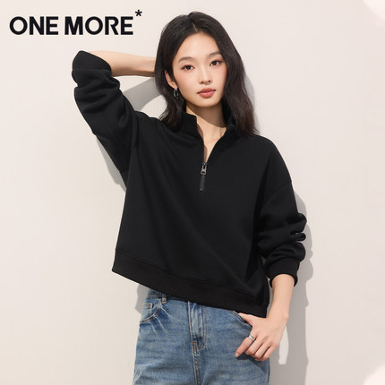 one more黑色卫衣女款秋季2025新款半拉链无帽上衣早秋穿搭秋装Y