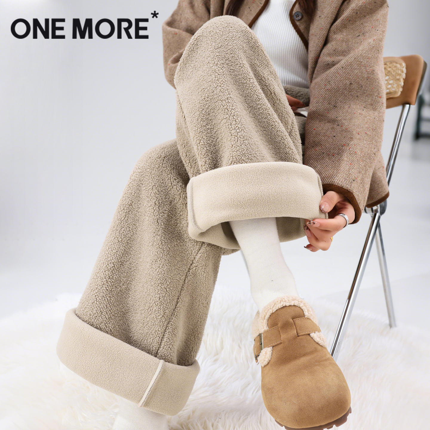 onemore加绒摇粒绒阔腿裤