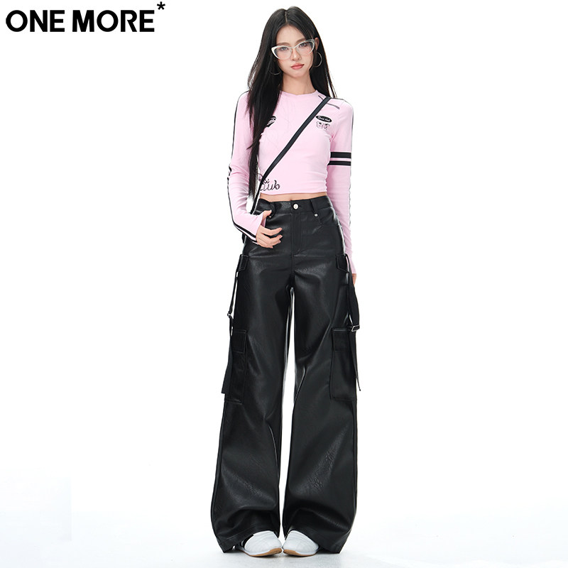 One More街头黑色工装皮裤女秋冬季新款百搭宽松阔腿直筒休闲裤女,女装/女士精品,皮裤,淘宝优惠券,粉丝福利购,淘宝优惠卷