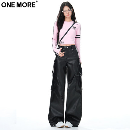 One More街头黑色工装皮裤女秋冬季新款百搭宽松阔腿直筒休闲裤女