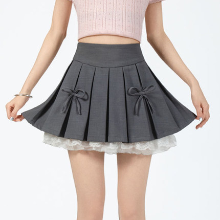 one more短裙半身裙女夏2025新款韩系穿搭灰色蕾丝半裙a字百褶裙X