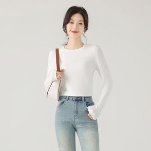 T恤女2025冬新款 长袖 内搭打底上衣 more休闲简约圆领螺纹修身 one