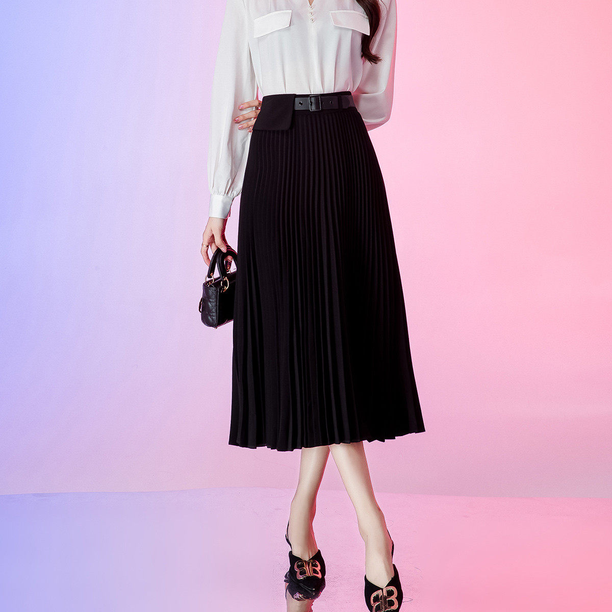 one more黑色半身裙女2025新款高腰显瘦中长款a字裙百褶