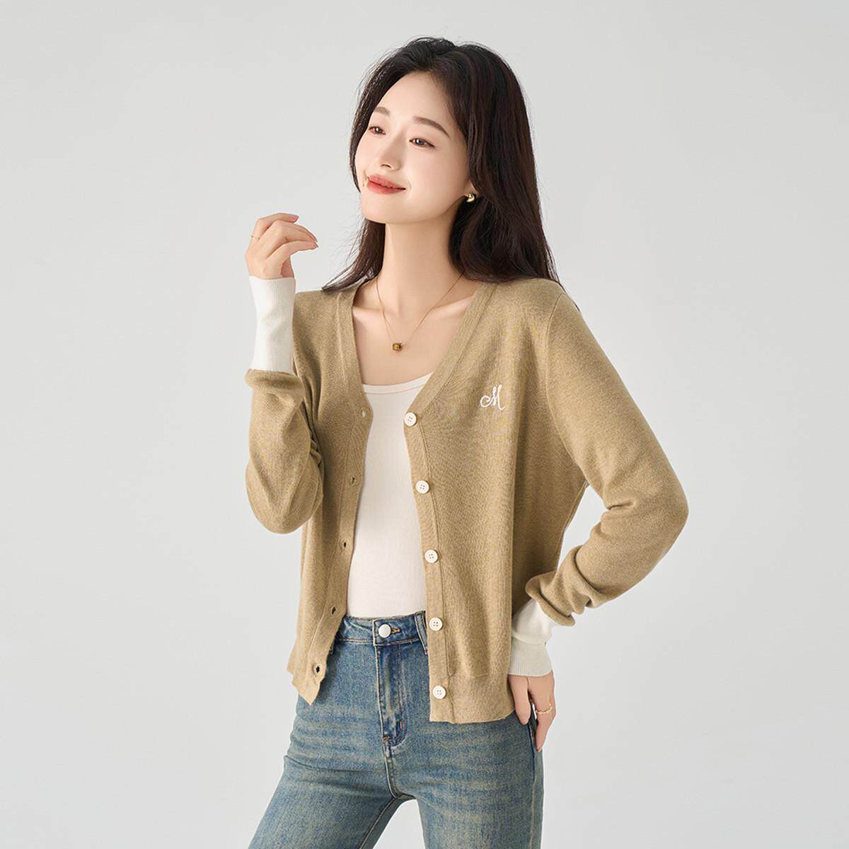 one more拼色针织衫女2025秋季新款短款气质百搭羊毛开衫