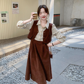 one more26年春秋复古拼接风假两件连衣裙衬衫 领显瘦气质通勤长裙