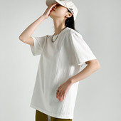 one 休闲简约上衣女 宽松港风纯色圆领T恤女夏季 more新款 纯棉短袖
