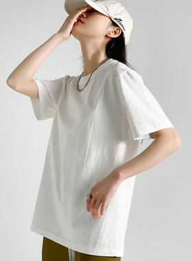 one more新款纯棉短袖宽松港风纯色圆领T恤女夏季休闲简约上衣女