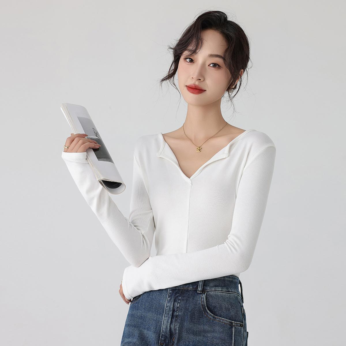 内搭V领打底衫白色长袖t恤打底衣
