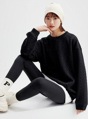 one more黑色麻花纹针织衫女宽松圆领长袖慵懒风毛衣