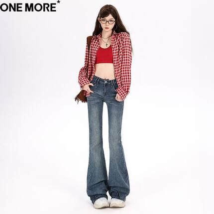 One More美式复古低腰微喇牛仔裤女春季新款弹力修身显瘦喇叭裤子