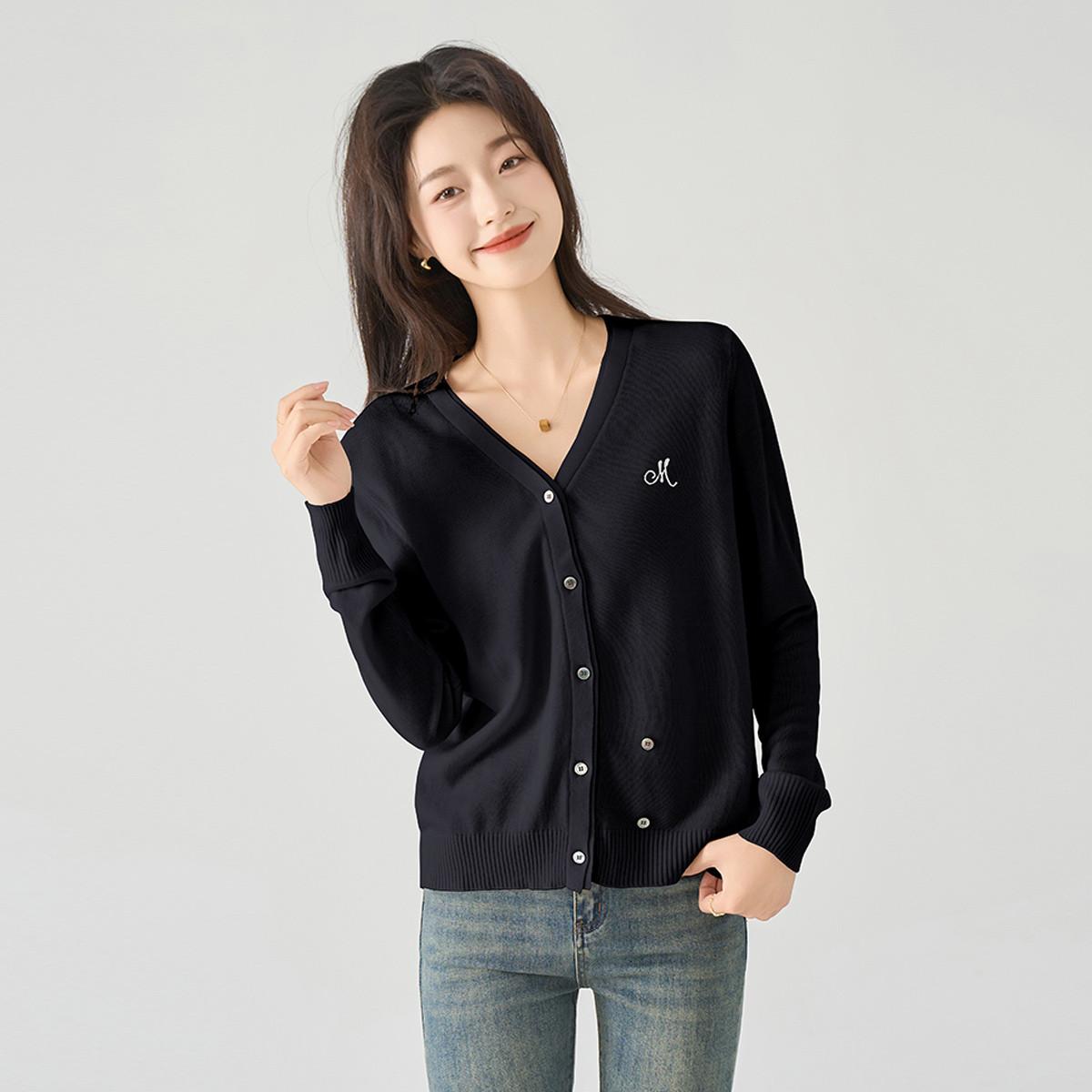 法式羊毛混纺针织开衫V领长袖