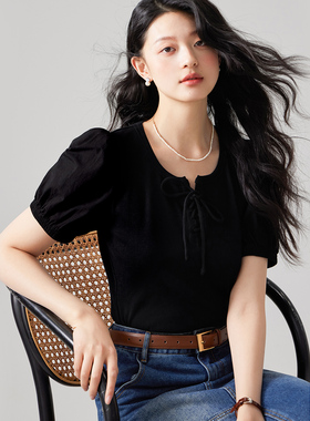 one more2025夏季圆领法式泡泡袖短袖女士t恤高级感修身小众上衣