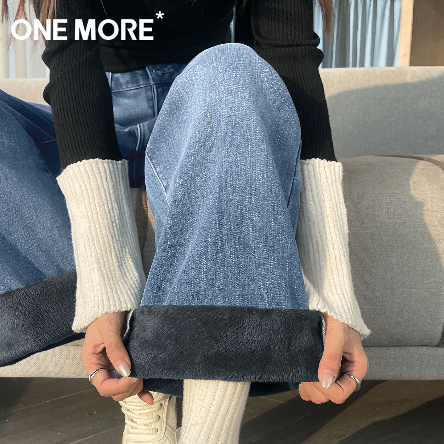 onemore加绒阔腿牛仔裤女