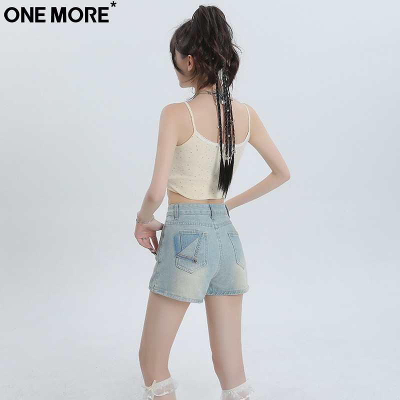 One More美式小众浅色牛仔短裙女夏季新款高腰短款裙裤a字短