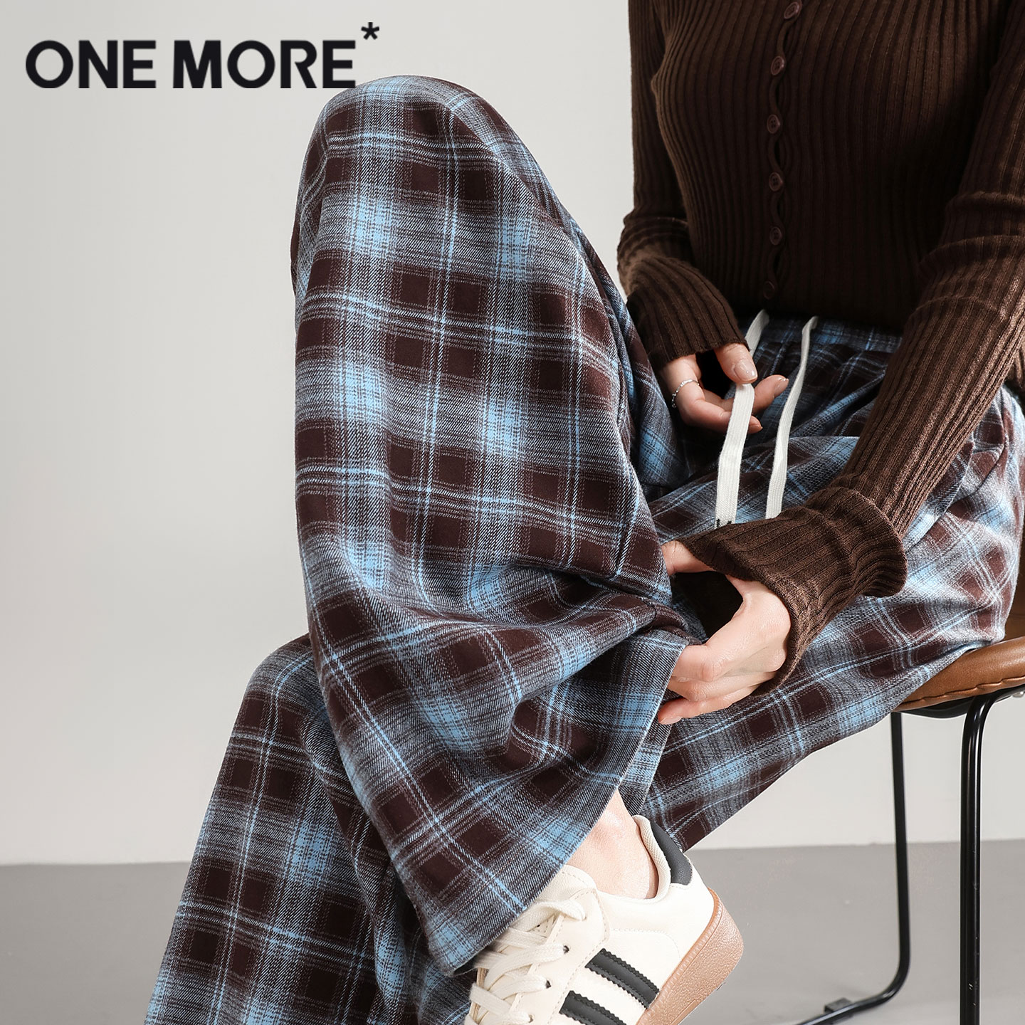 onemore格纹宽松阔腿裤